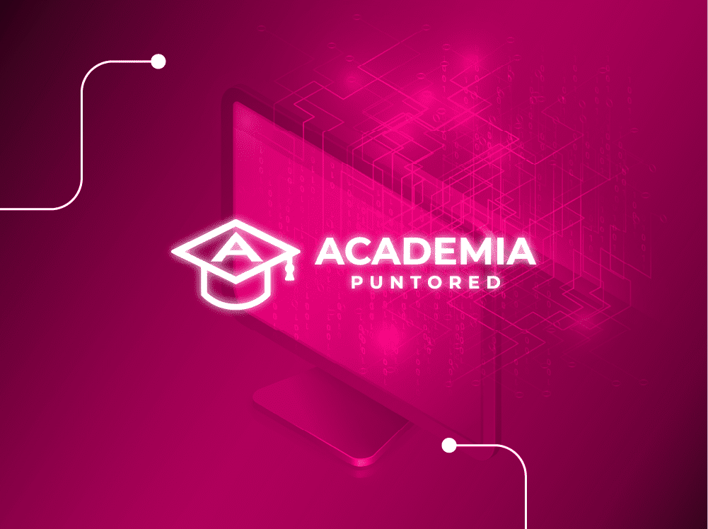 Un fondo rosa brillante que presenta un gráfico de monitor de computadora con un ícono de birrete de graduación y el texto "ACADEMIA PUNTORED". Las líneas blancas y el patrón de circuitos acentúan el diseño.